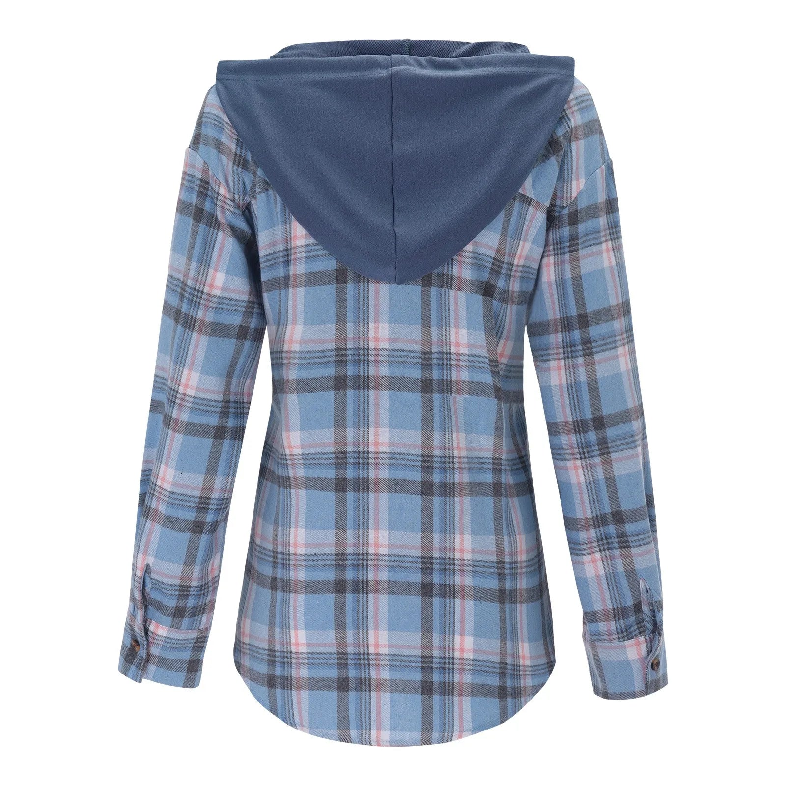 Women's Blue Plaid Long Sleeve Button Down Shirt | Hooded Casual Blouse with Pocket | Retro Drawstring Top