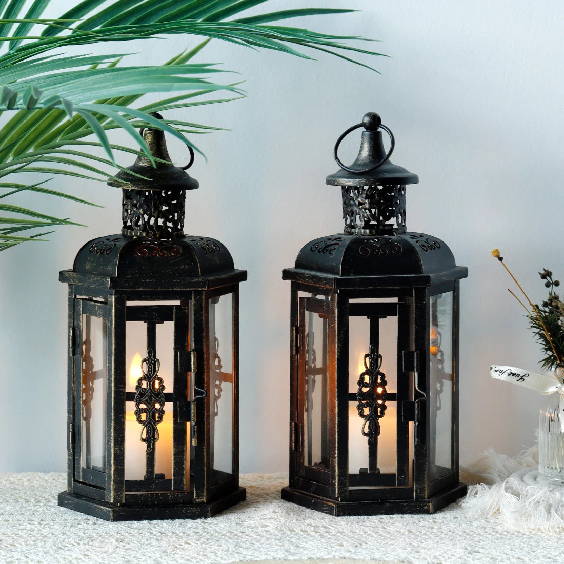 Vintage Nordic Iron Candle Holder Lanterns - Black and White Hanging Lanterns for Home Decor, Weddings, and Aesthetic Room Decoration