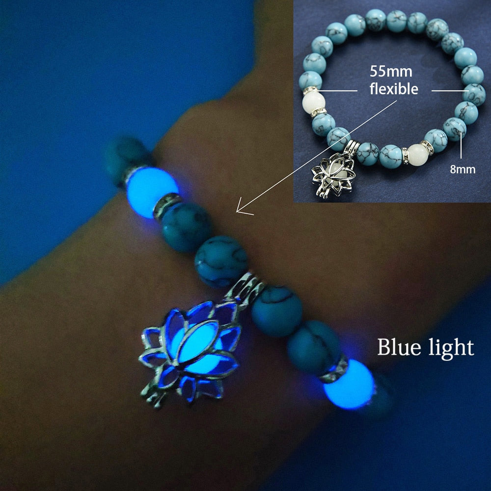 Healing Natural Stone Luminous Glow In The Dark Lotus Charm Bracelet - Adjustable and Comfortable Fit - LossTower