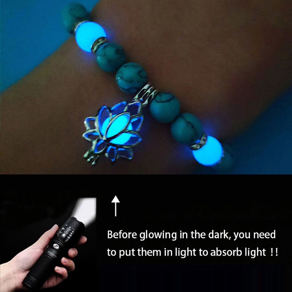 Healing Natural Stone Luminous Glow In The Dark Lotus Charm Bracelet - Adjustable and Comfortable Fit - LossTower