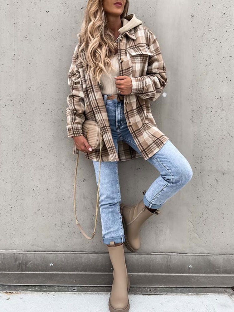 Women's Checkered Plaid Long Sleeve Hooded Flannel Jacket with Pockets - O-Neck Collar - Polyester Construction