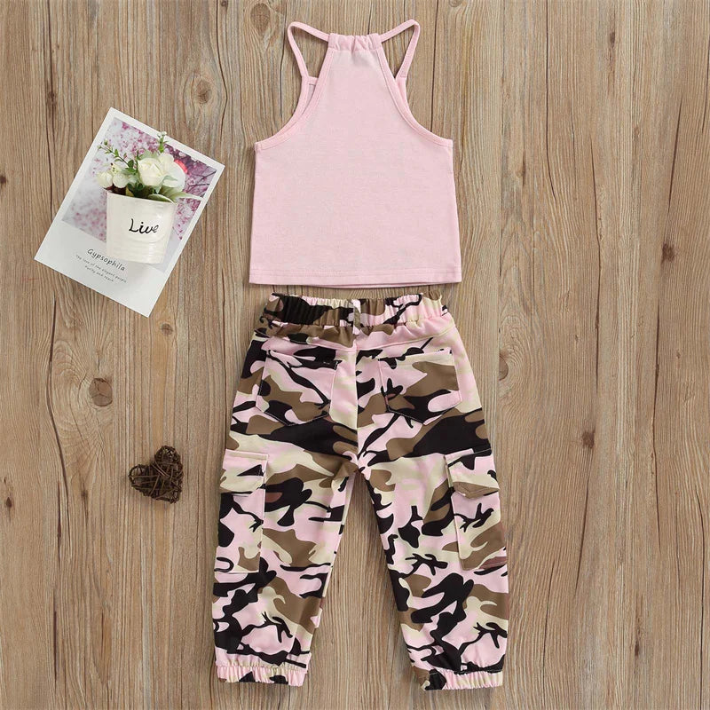 Kids Summer Clothes Set for Girls 2-6 Years - Cotton Sleeveless Top + Camo Pants