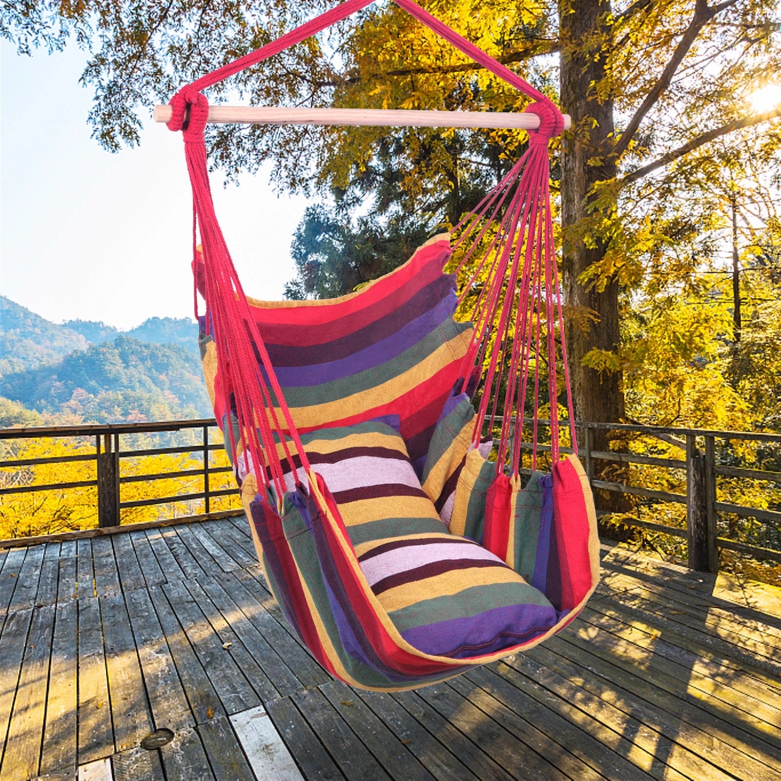 Durable Cotton Canvas Hanging Rope Chair with Pillows - Colorful Rainbow Design, Comfortable & Wear-Resistant for Indoor/Outdoor Use