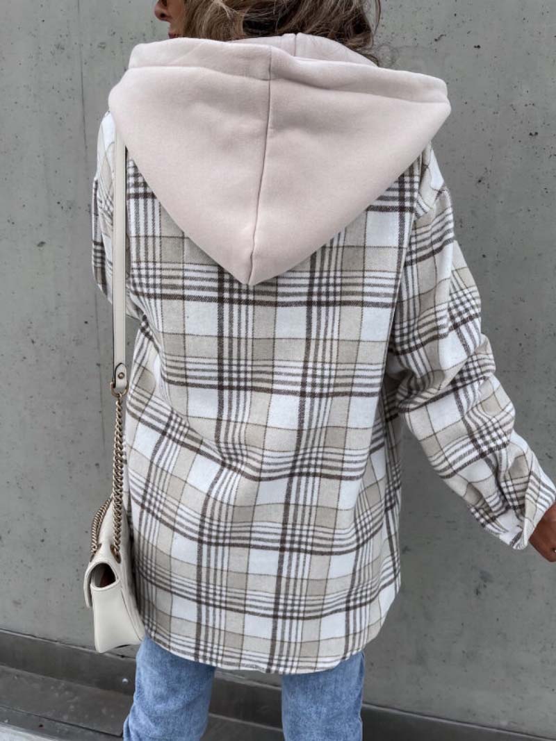 Women's Checkered Plaid Long Sleeve Hooded Flannel Jacket with Pockets - O-Neck Collar - Polyester Construction