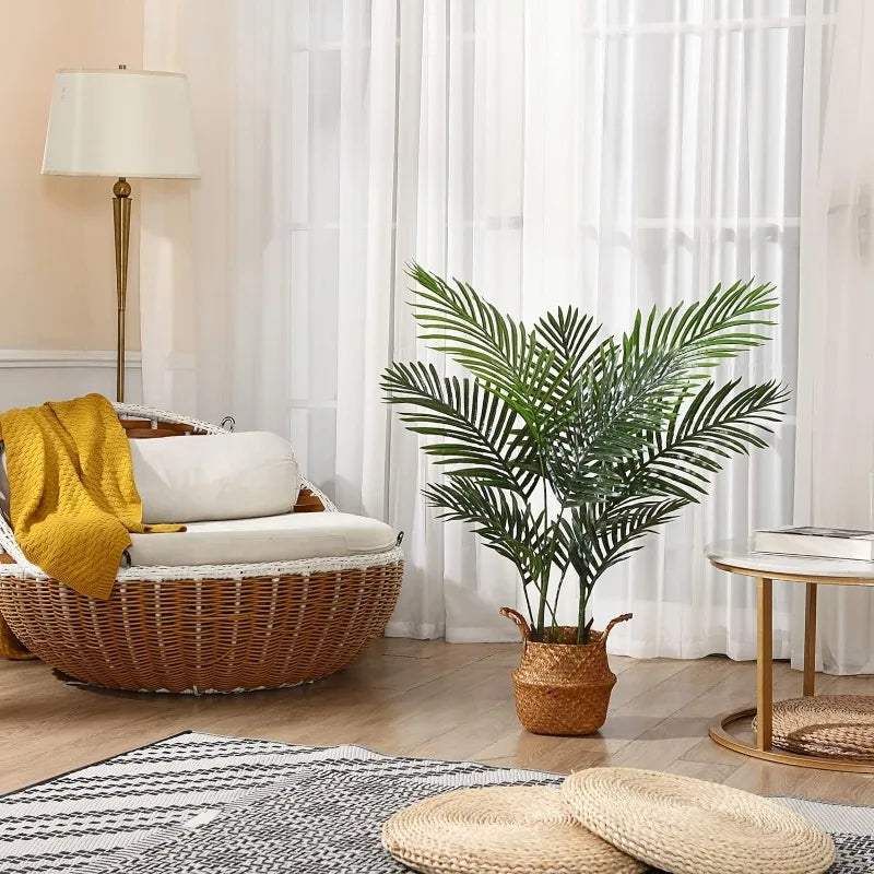 Realistic Artificial Areca Palm Tree with 15 Trunks in Woven Seagrass Basket - Lifelike Faux Dypsis Lutescens Plant for Home Decor