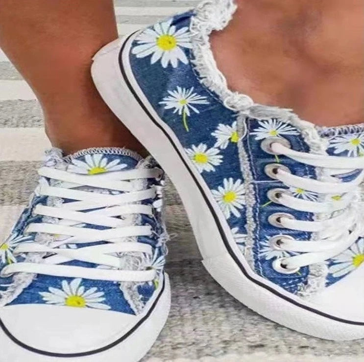 Floral Print Canvas Shoes for Women - Comfortable Lace-Up Sneakers for Casual Wear