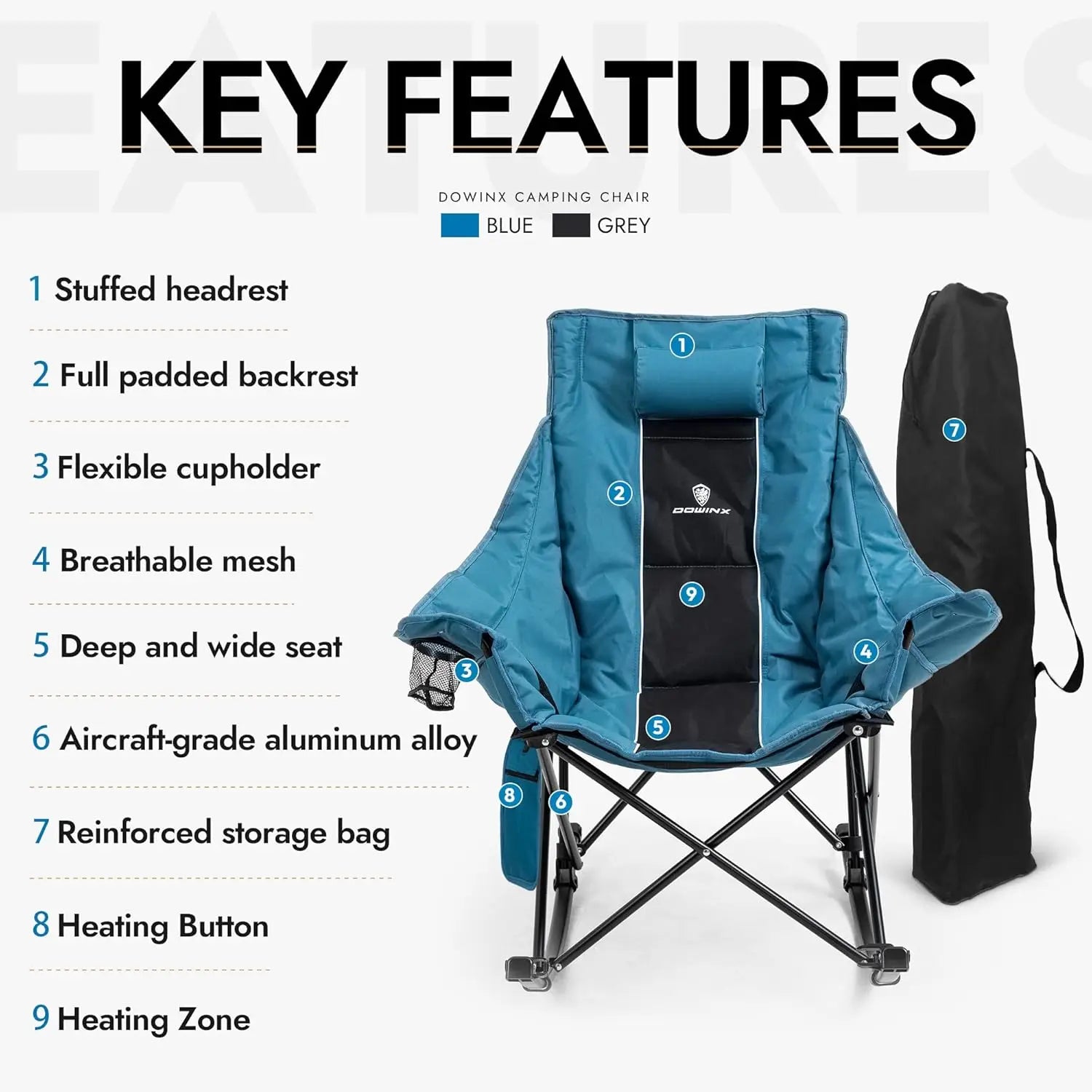 Oversized Heated Rocking Camping Chair | Fully Padded Portable Heated Lawn Chair with 3 Heat Settings | Side Pocket Cup Holder and Carry Bag for Outdoor Comfort