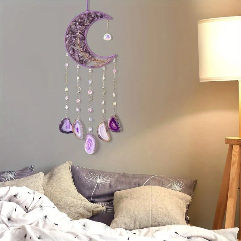 Amethyst Moon Dreamcatcher with Healing Crystals - Tree of Life Wall Decor for Positive Energy