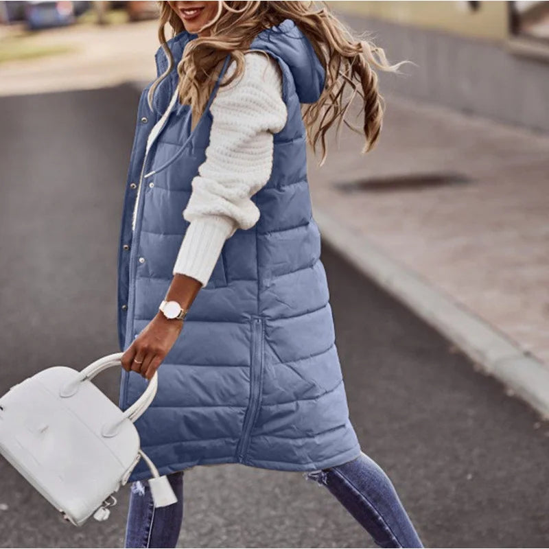 Women's Winter Long Quilted Sleeveless Waistcoat with Hood | Autumn/Winter Vest Coat (Up to 5XL)