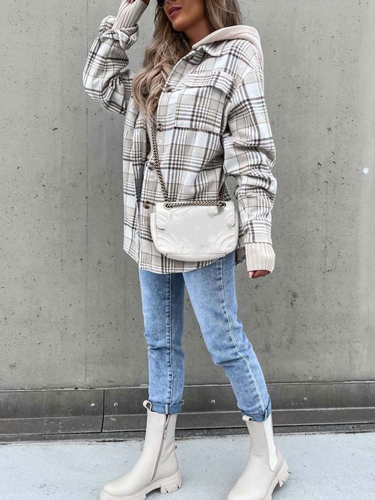 Women's Checkered Plaid Long Sleeve Hooded Flannel Jacket with Pockets - O-Neck Collar - Polyester Construction