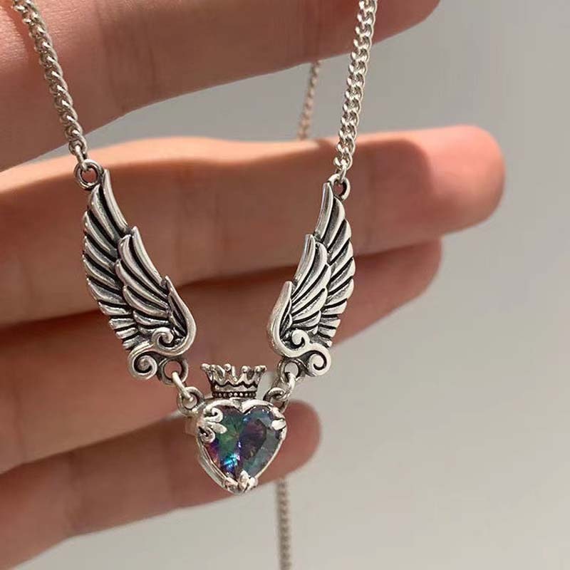 Vintage Heart Crown Angel Wings Pendant Necklace - Handcrafted Zinc Alloy and Silver-Plated Metal