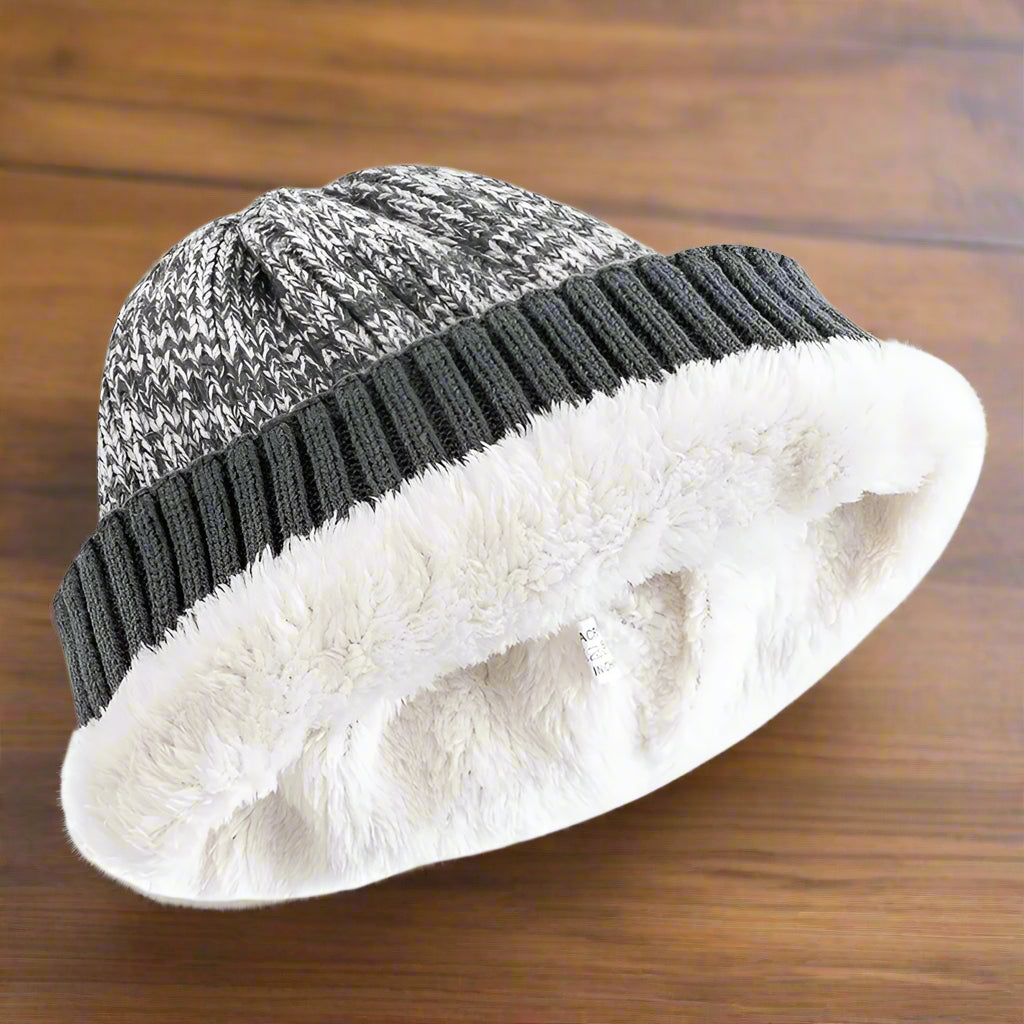 Unisex Two-Tone Fur-Lined Winter Beanie Caps | Warm Knitted Acrylic Hats for Men and Women | Stylish Casual Winter Wear