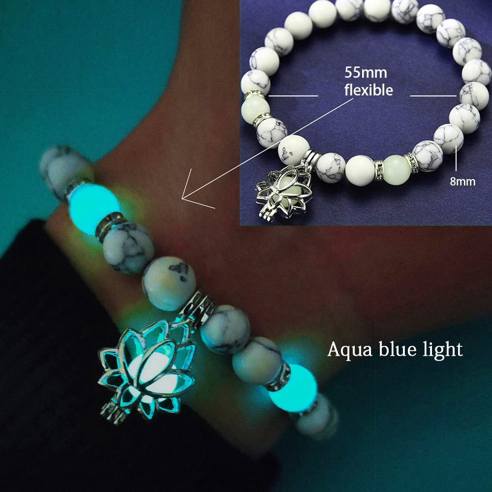 Healing Natural Stone Luminous Glow In The Dark Lotus Charm Bracelet - Adjustable and Comfortable Fit - LossTower