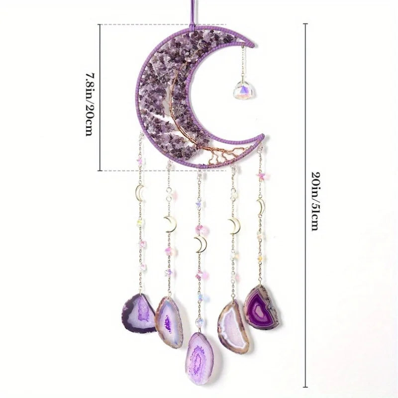 Amethyst Moon Dreamcatcher with Healing Crystals - Tree of Life Wall Decor for Positive Energy