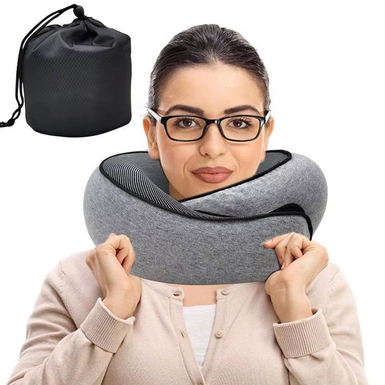 Memory Foam Travel Pillow for Neck Support and Comfort - Ergonomic Design for Airplane Travel and Camping - Includes Carry Bag