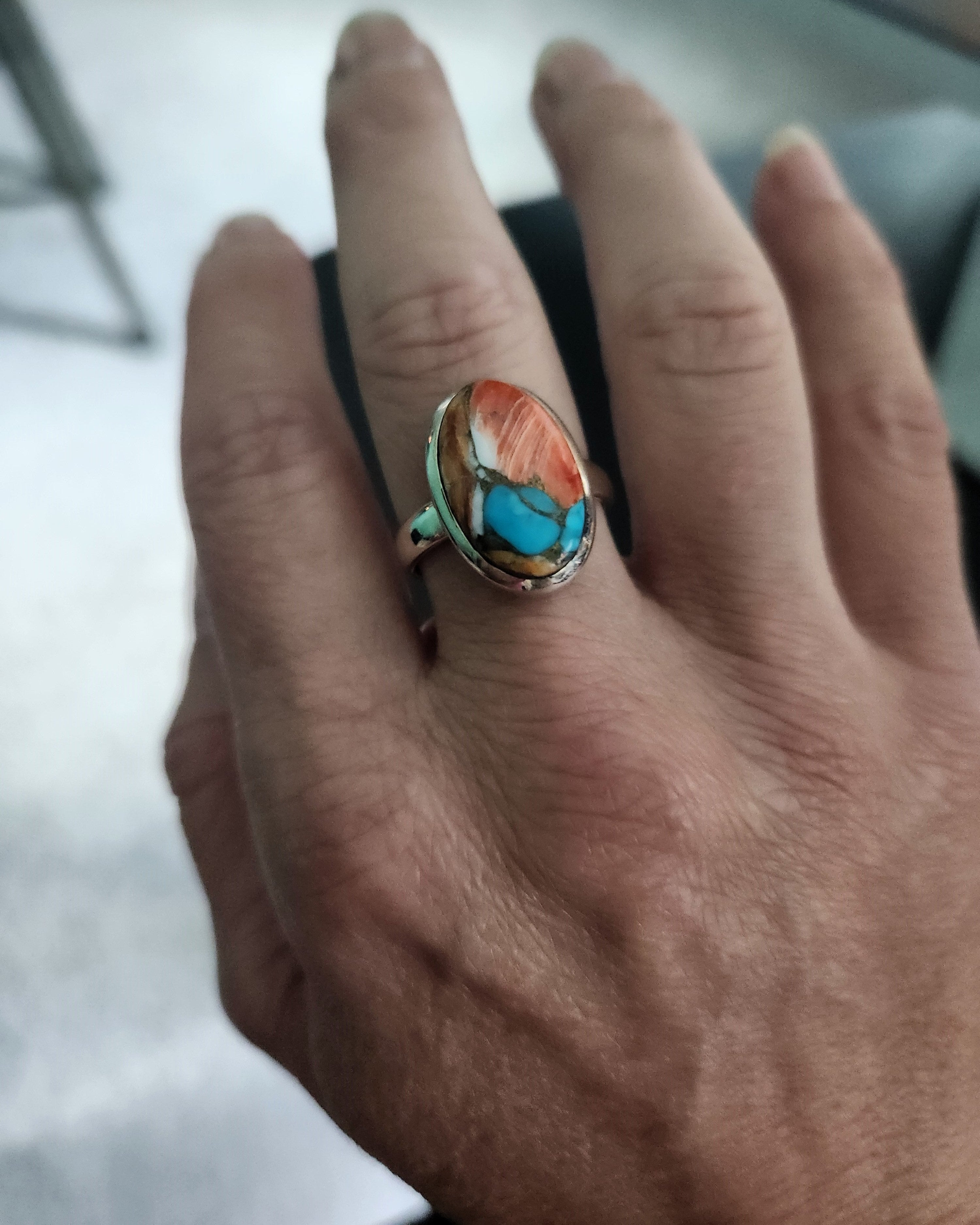 Handmade Sterling Silver Ring with Spiny Oyster Arizona Turquoise - Unique and Spiritual Jewelry for Women