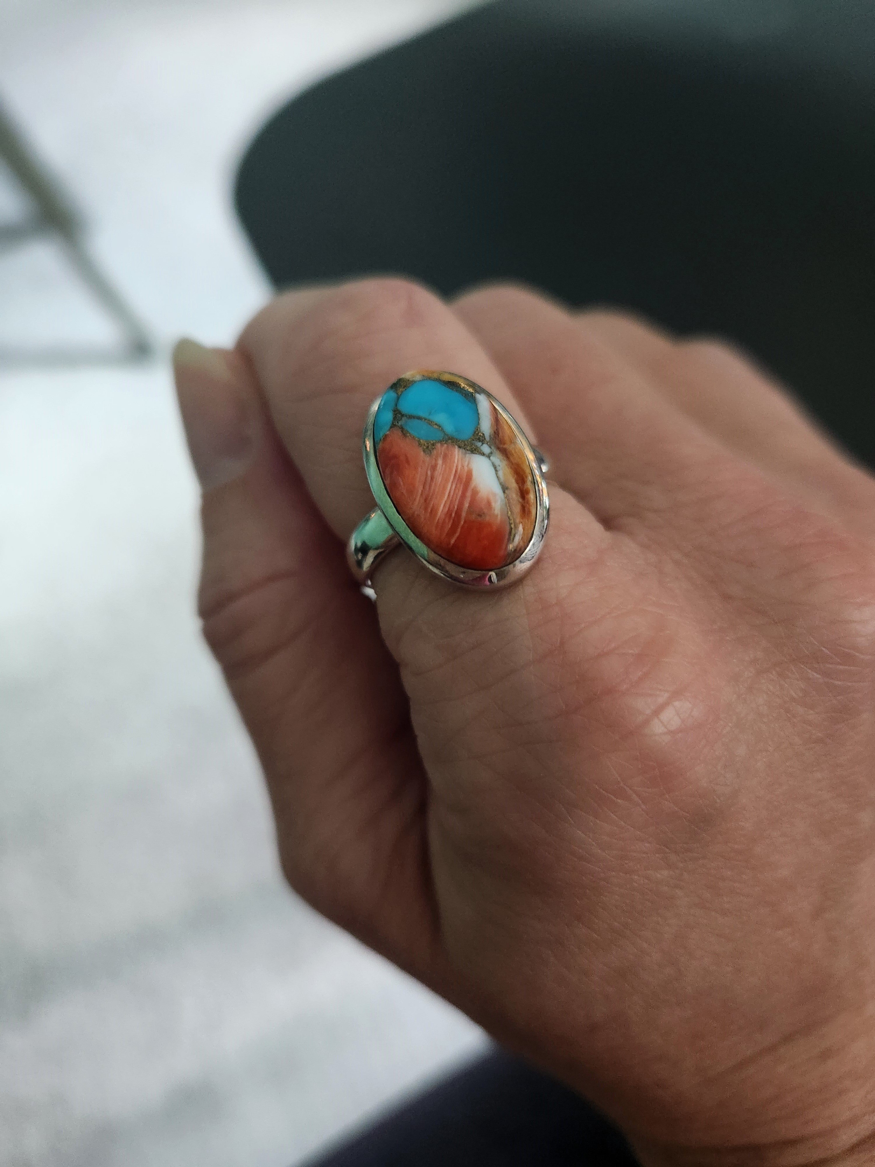 Handmade Sterling Silver Ring with Spiny Oyster Arizona Turquoise - Unique and Spiritual Jewelry for Women