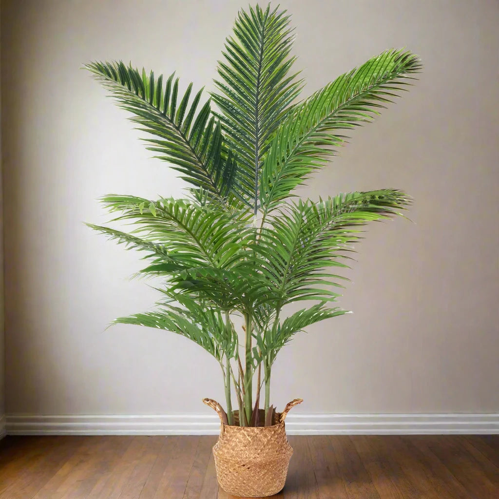 Realistic Artificial Areca Palm Tree with 15 Trunks in Woven Seagrass Basket - Lifelike Faux Dypsis Lutescens Plant for Home Decor