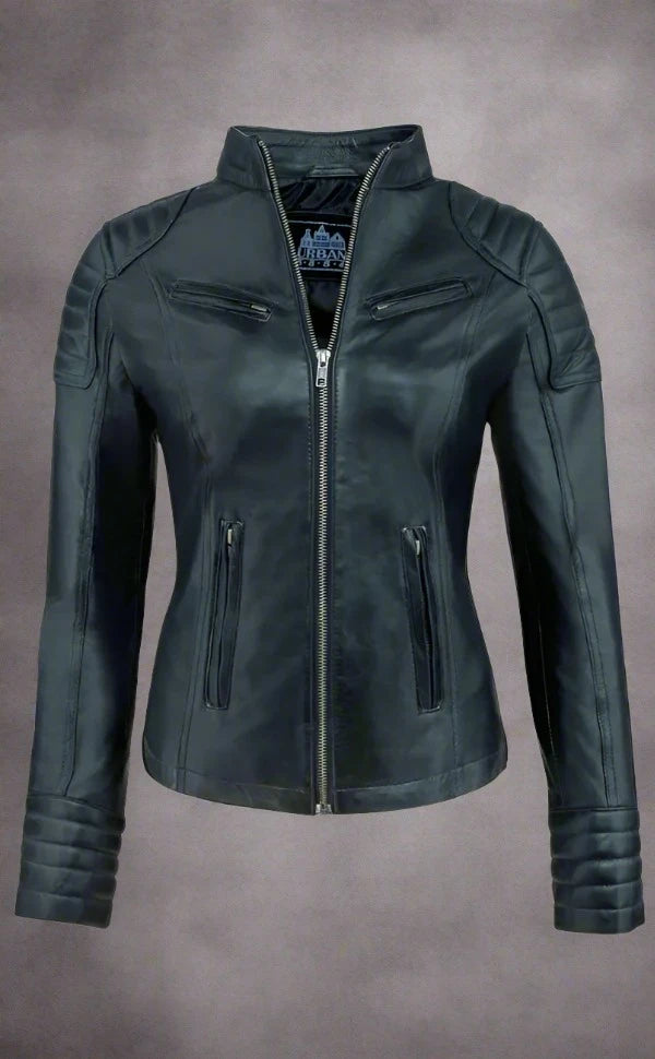 Urban 5884 Ladies Angelina Biker Black Lambskin Leather Short Jacket with Zippered Pockets and Fitted Silhouette