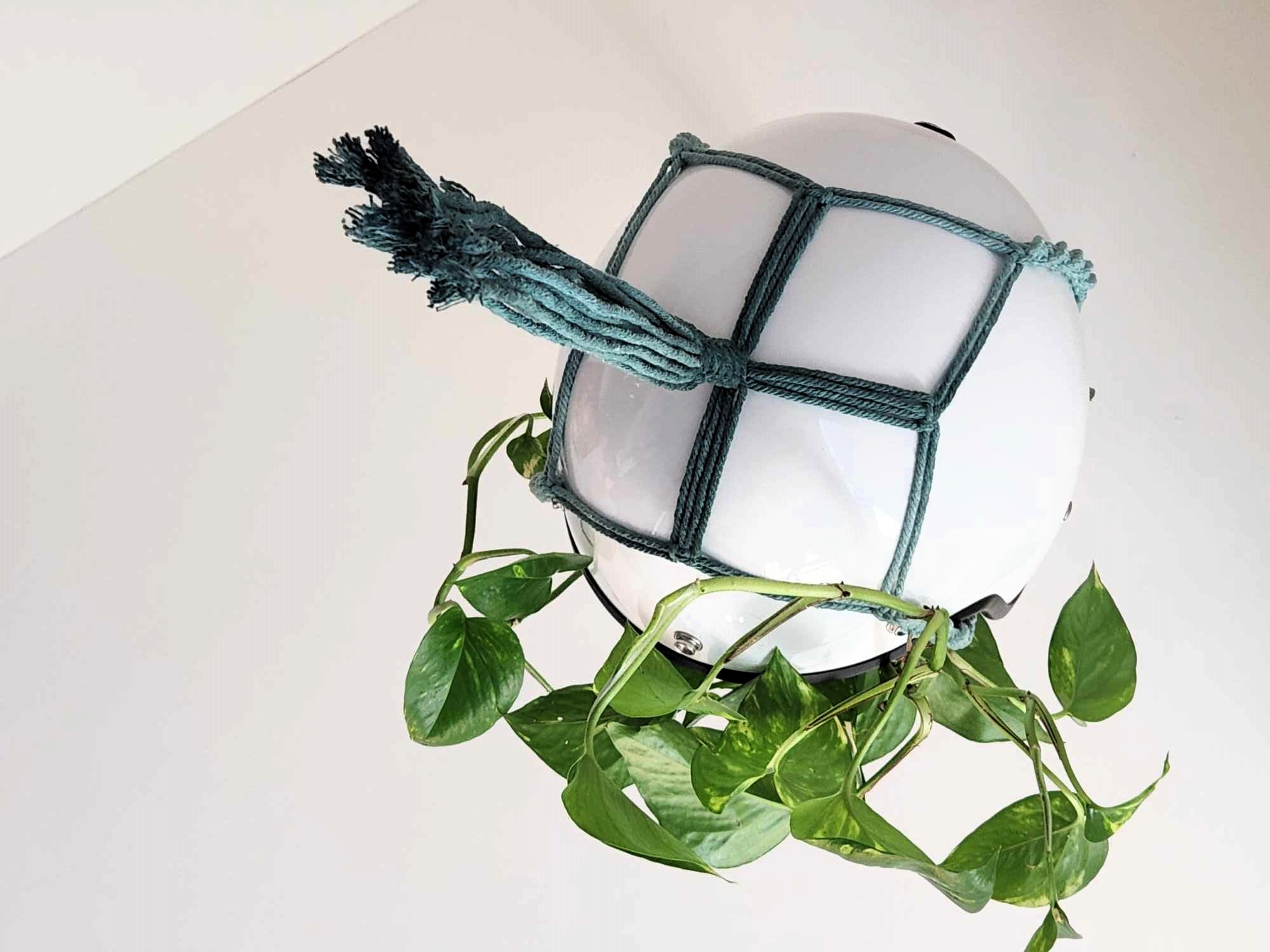 Vintage Open Face Motorcycle Helmet Planters with 100% Handmade Macrame Plant Hanger and Eco-friendly Coconut Fiber Liner