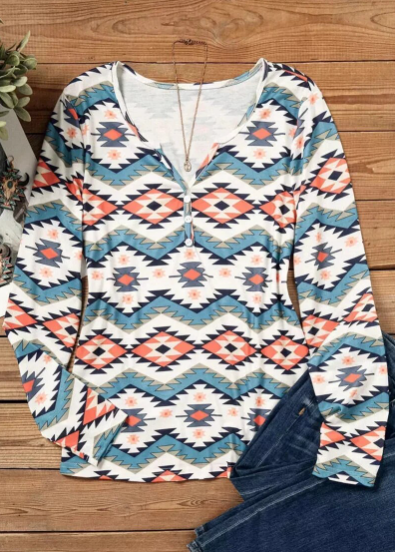 Women's Aztec Print V-Neck Long Sleeve Henley Shirt - Cotton Polyester Blend - Regular Fit