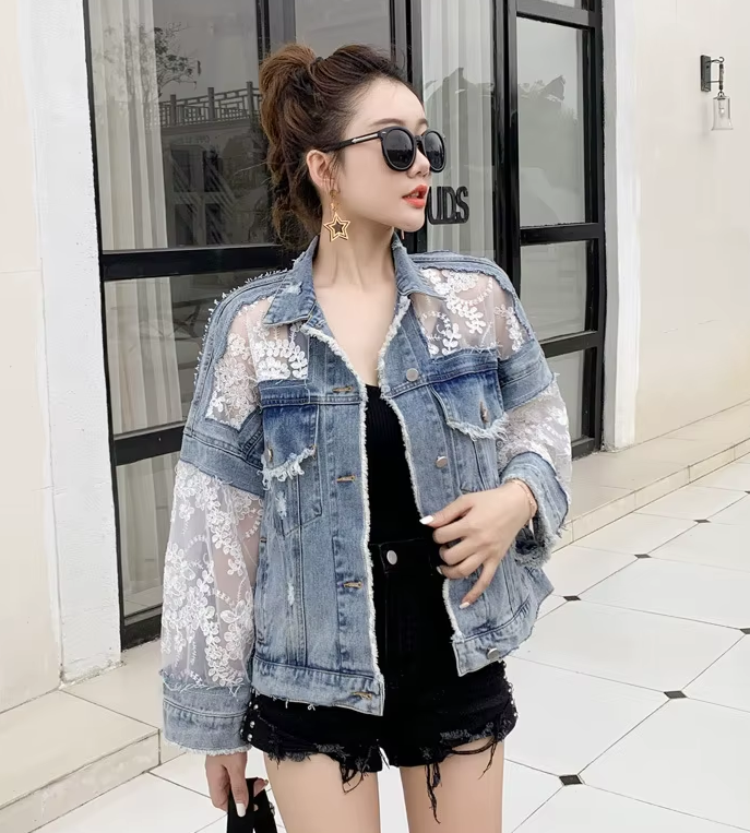 Women's Embroidered Denim Jacket with Lace - Frayed Hem - Tassel Accent - Blue Jean Coat - Sizes S-3XL Available