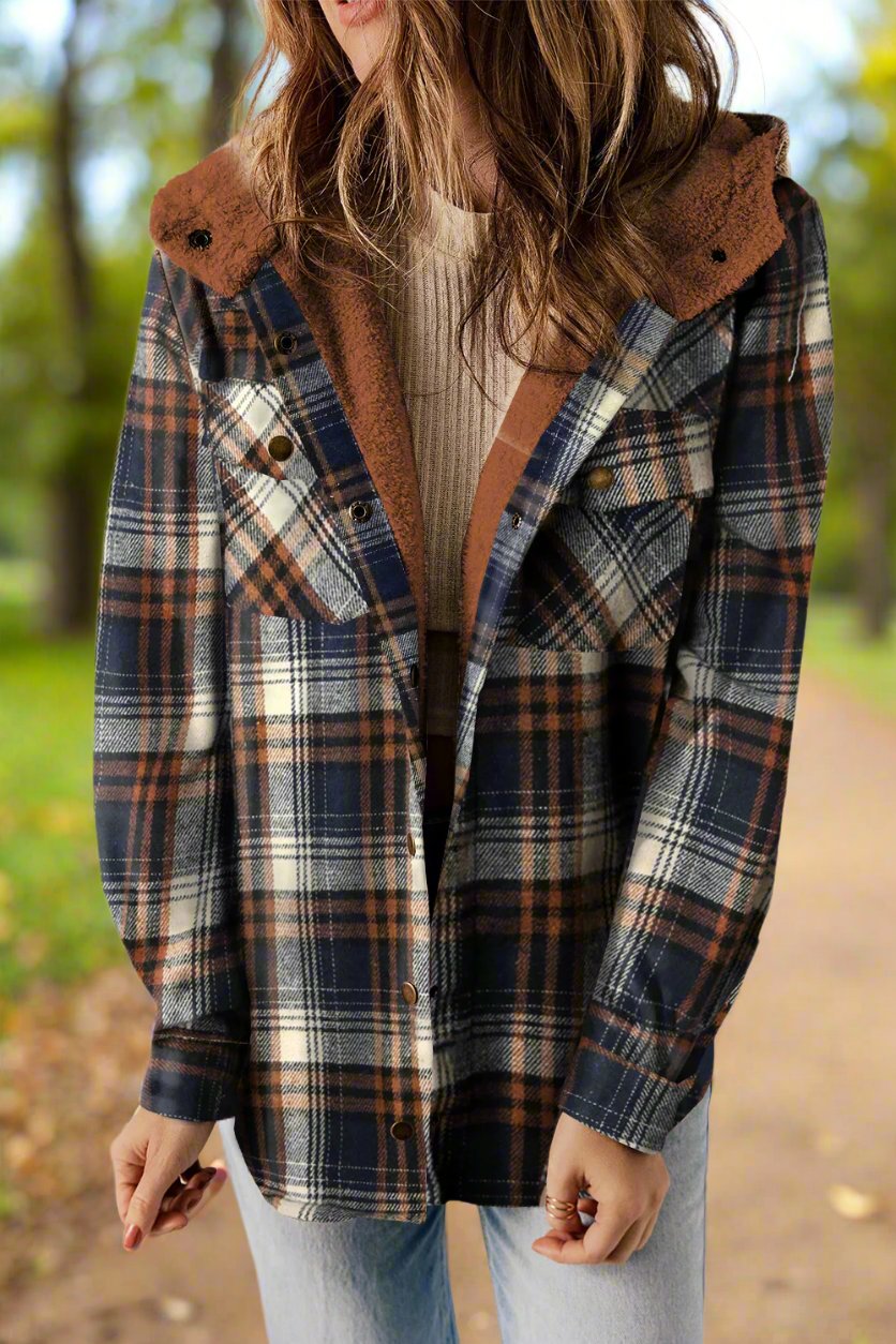 Women’s Plaid Hooded Jacket with Snap Front and Pockets - 100% Polyester Seasonal Outerwear