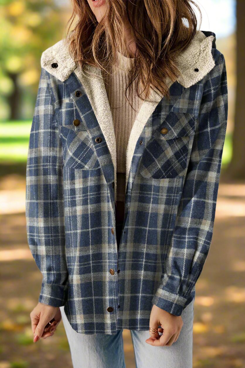 Women’s Plaid Hooded Jacket with Snap Front and Pockets - 100% Polyester Seasonal Outerwear