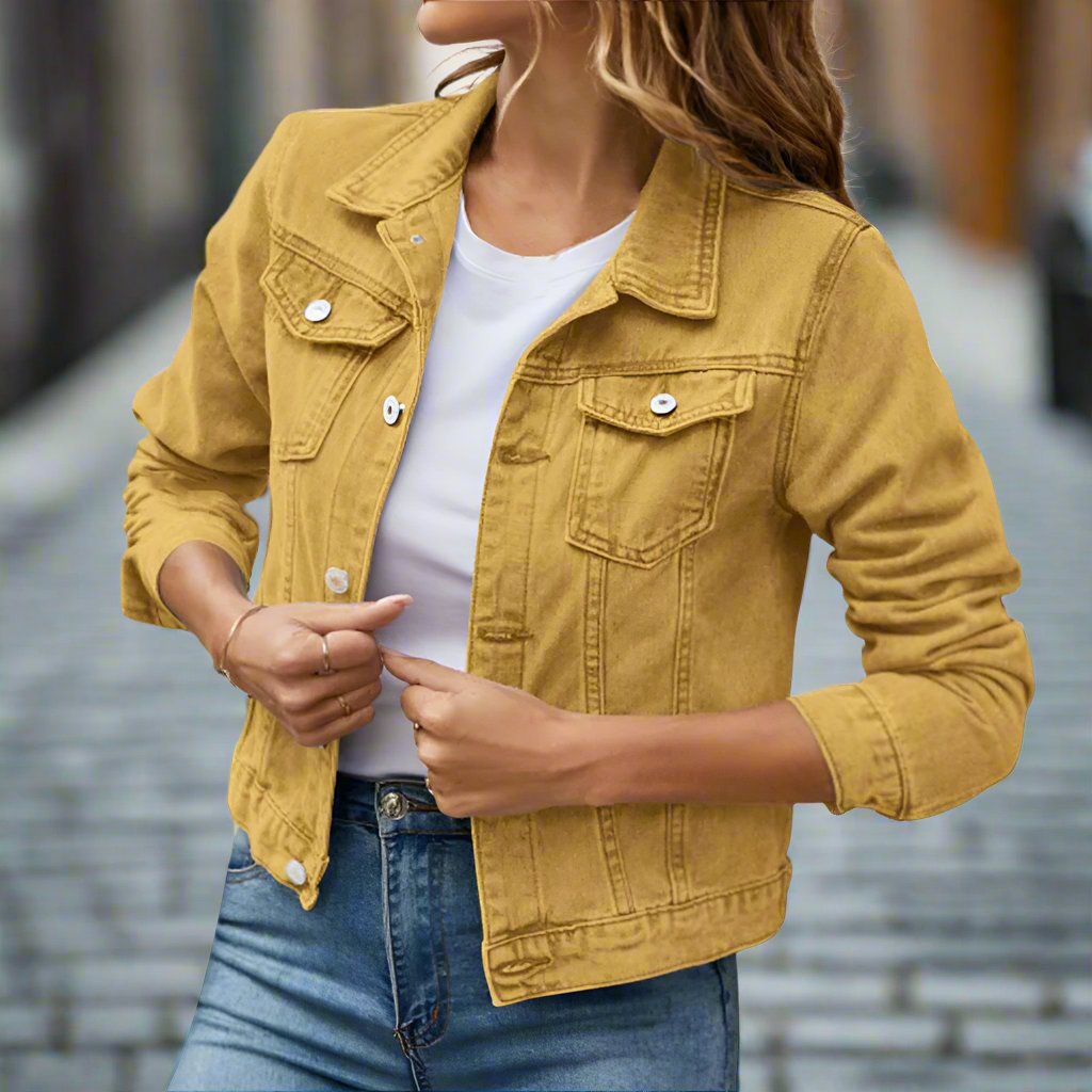 Women's Button-Up Denim Jacket with Turn-Down Collar Lapel Flap Pockets Slim Fit - Stylish and Durable