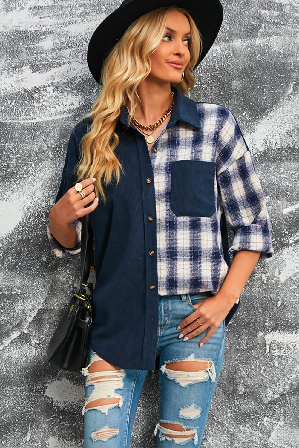 Women's Double Take Plaid Color Block Corduroy Shacket with Dropped Shoulders