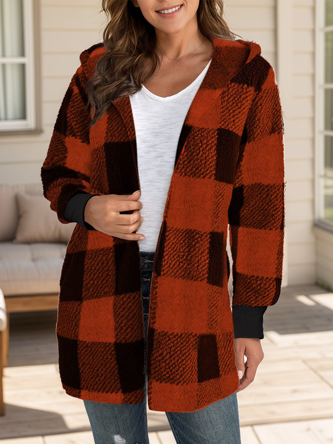 Women's Plaid Long Sleeve Hooded Coat with Comfortable Non-Lined Design