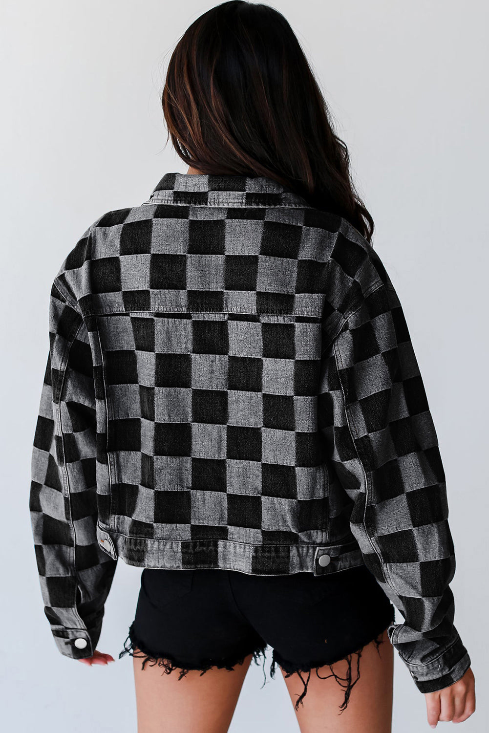 Women's Stylish Checkered Button-Up Denim Jacket with Pockets | Durable Cotton-Polyester Blend