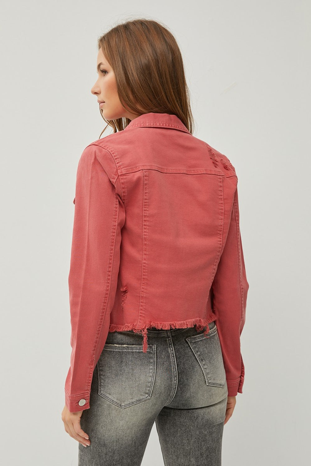 Women's RISEN Cropped Denim Jacket with Raw Hem and Button-Up Style