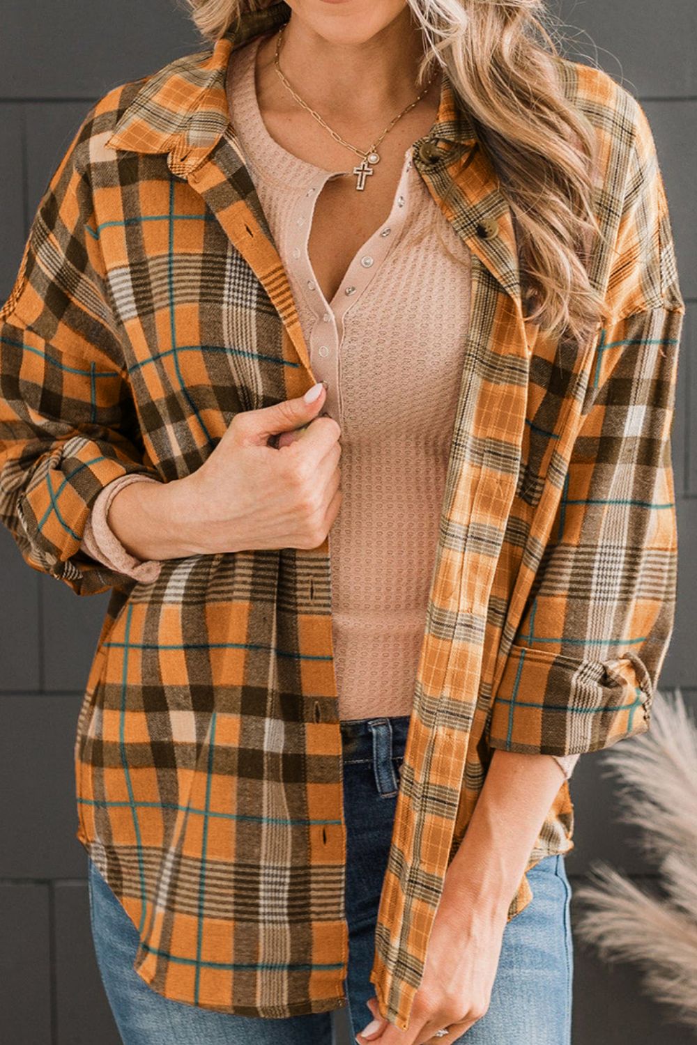 Women's Plaid Collared Neck Long Sleeve Button-Up Shirt with Pocket