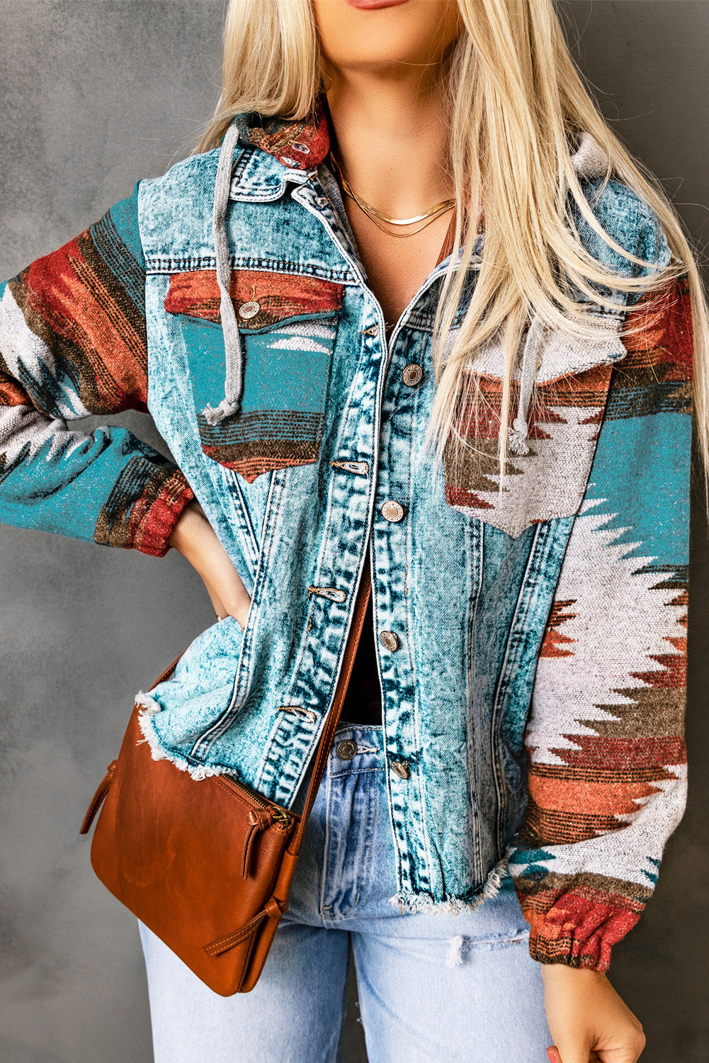 Women's Adjustable Drawstring Hooded Denim Jacket with Pockets and Western-inspired Patchwork