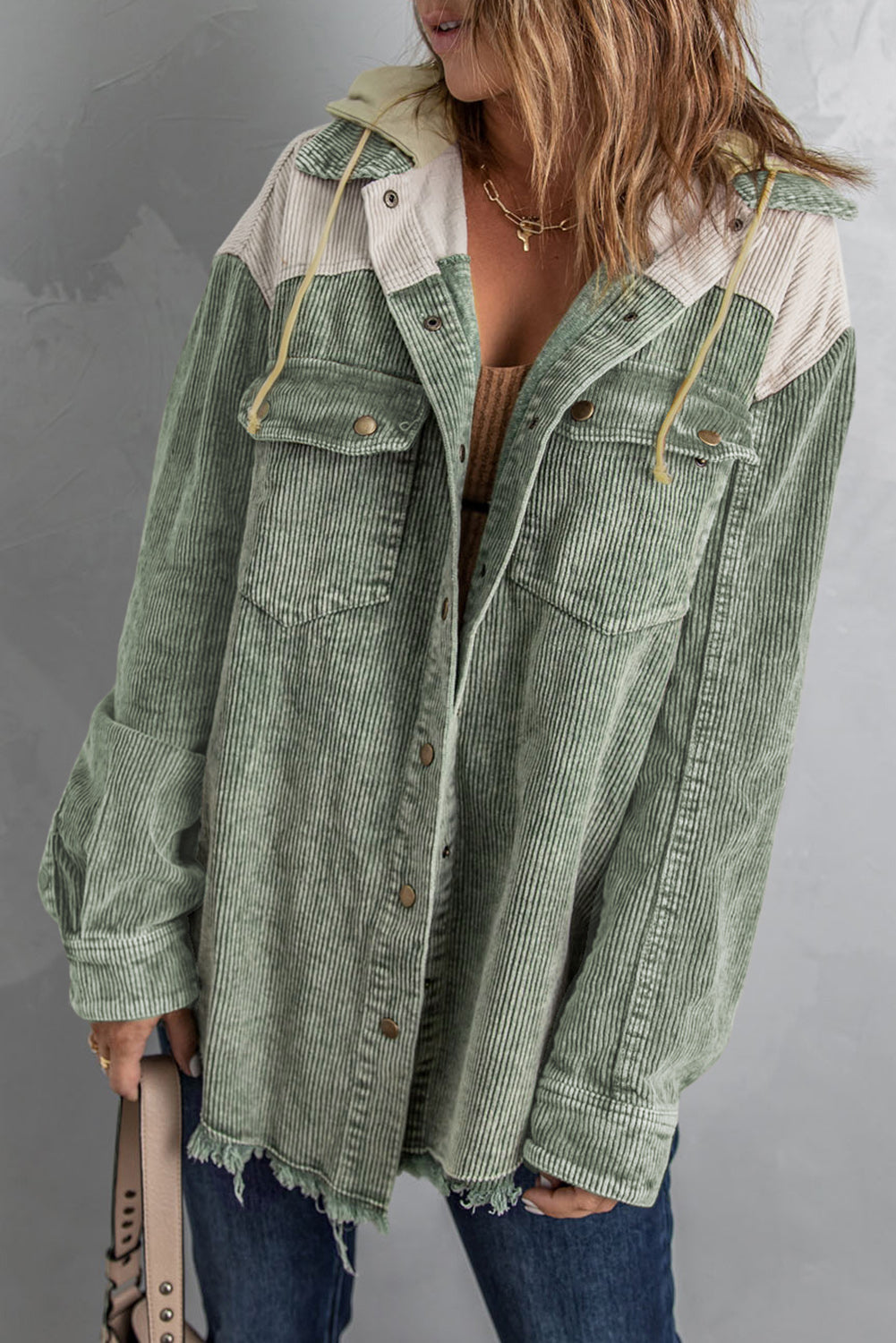 Women's Hooded Corduroy Shacket Shirt Jacket - Snap Front Closure - Drawstring Pockets - Dropped Shoulders - Raw Hem - 100% Polyester - 3 Sizes