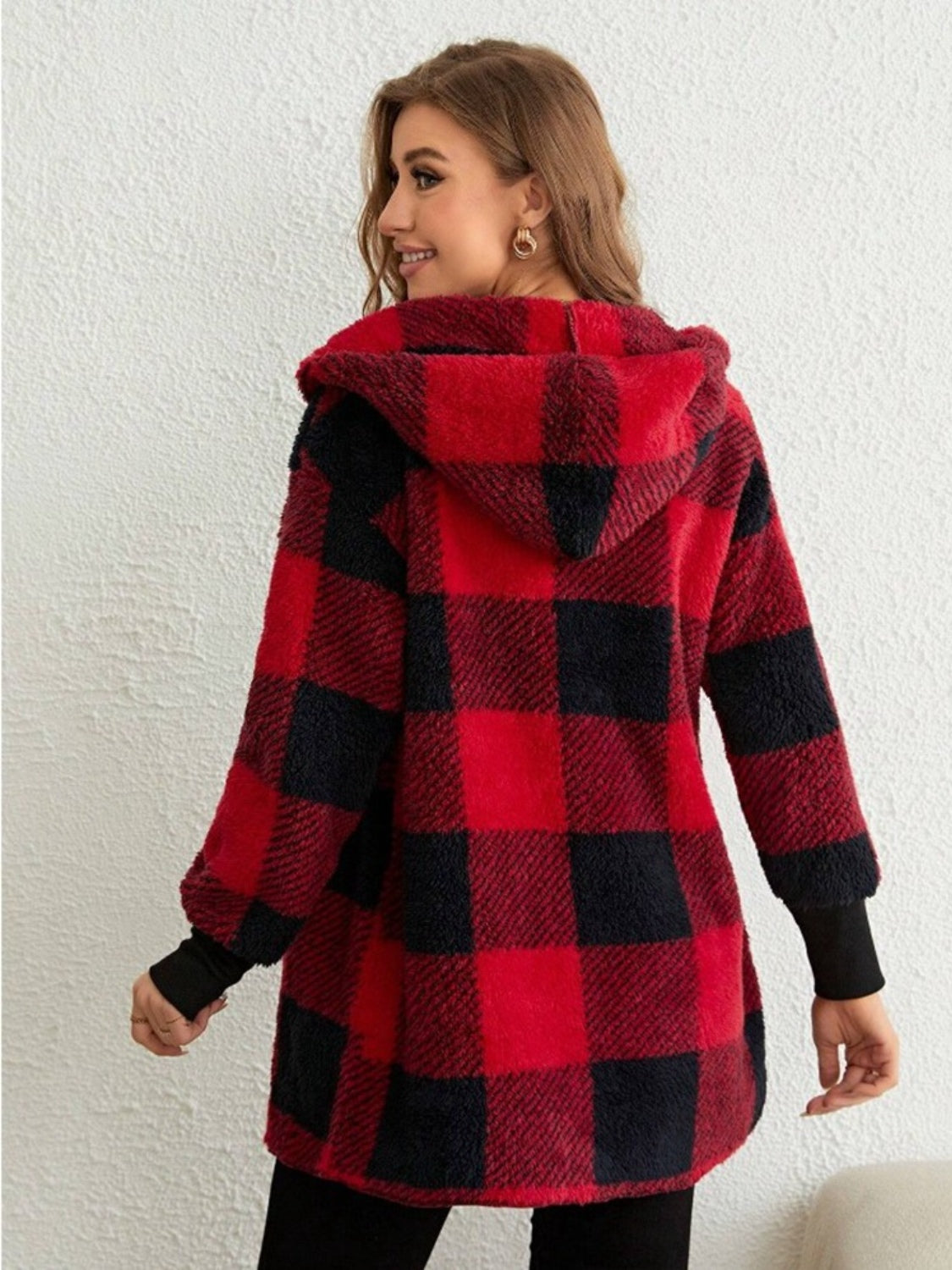 Women's Plaid Long Sleeve Hooded Coat with Comfortable Non-Lined Design