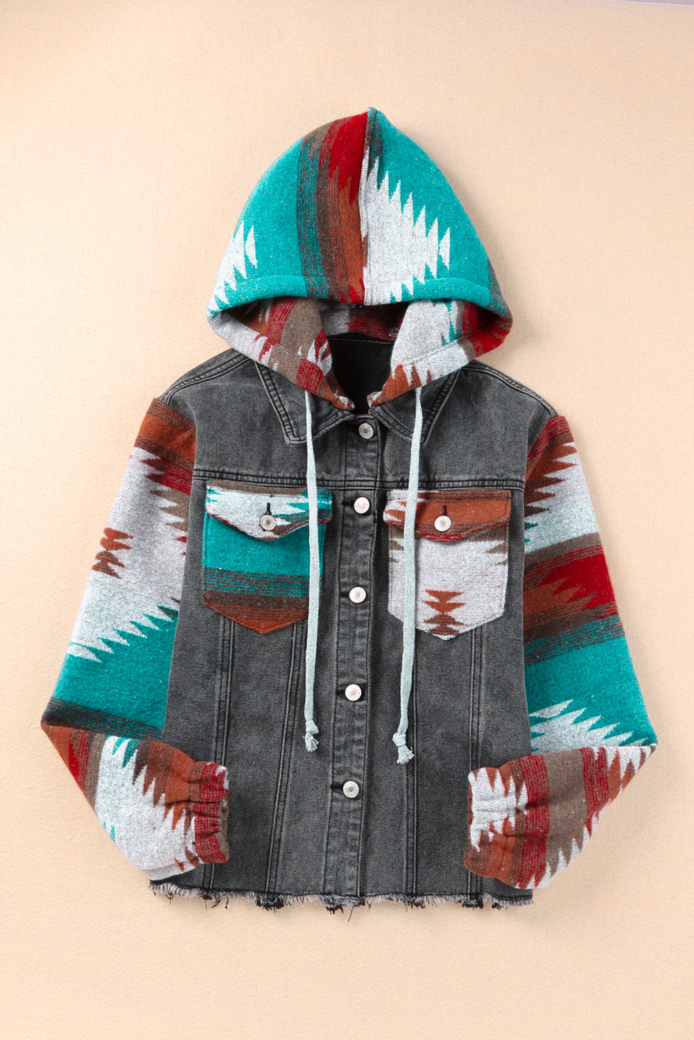 Women's Adjustable Drawstring Hooded Denim Jacket with Pockets and Western-inspired Patchwork