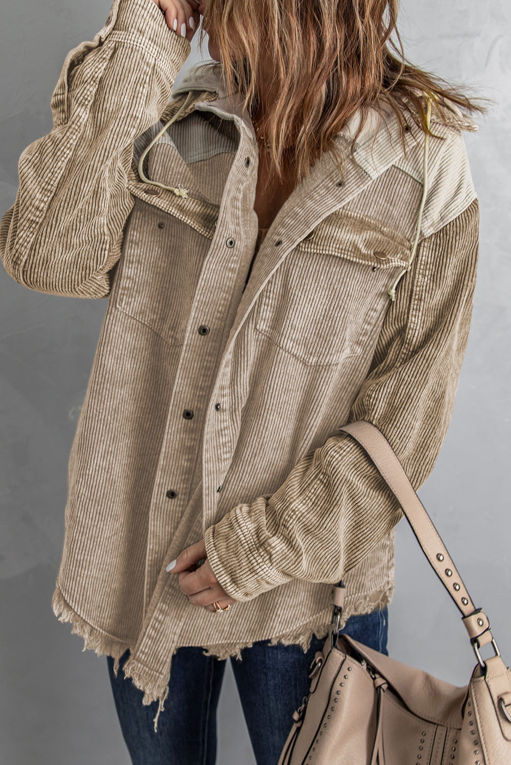 Women's Hooded Corduroy Shacket Shirt Jacket - Snap Front Closure - Drawstring Pockets - Dropped Shoulders - Raw Hem - 100% Polyester - 3 Sizes