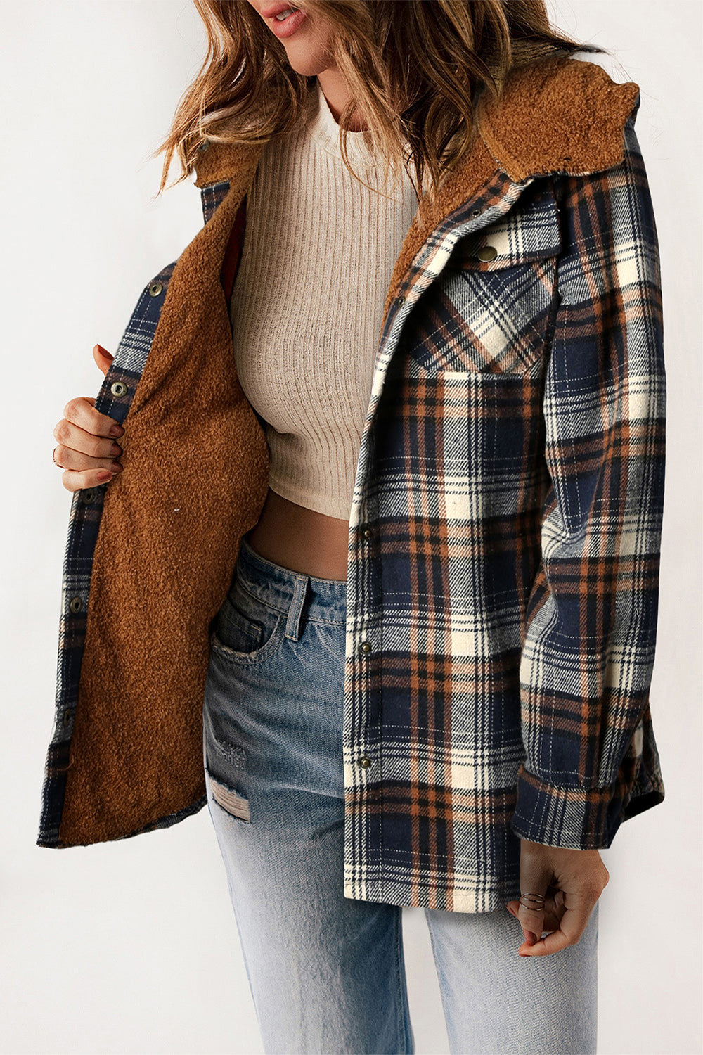 Women’s Plaid Hooded Jacket with Snap Front and Pockets - 100% Polyester Seasonal Outerwear