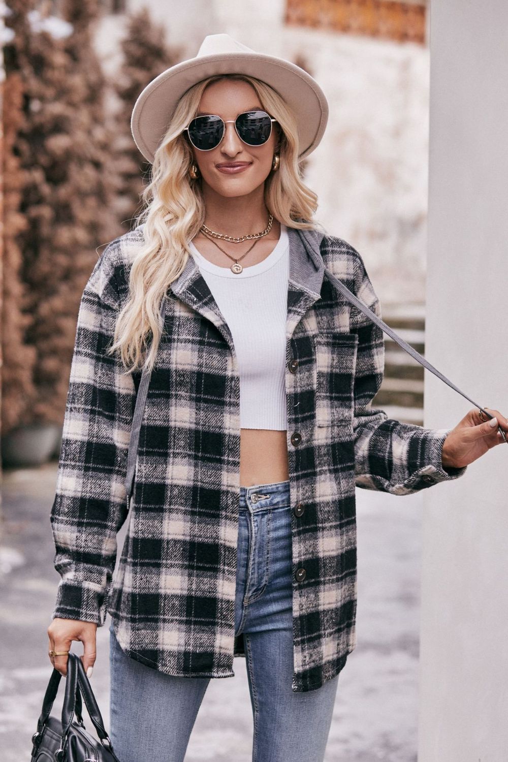 Mandy Women's Hooded Longline Plaid Jacket - Dropped Shoulders and Casual Style