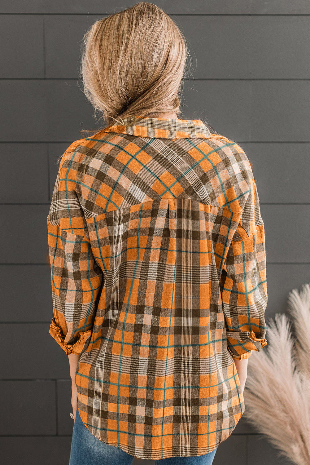 Women's Plaid Collared Neck Long Sleeve Button-Up Shirt with Pocket