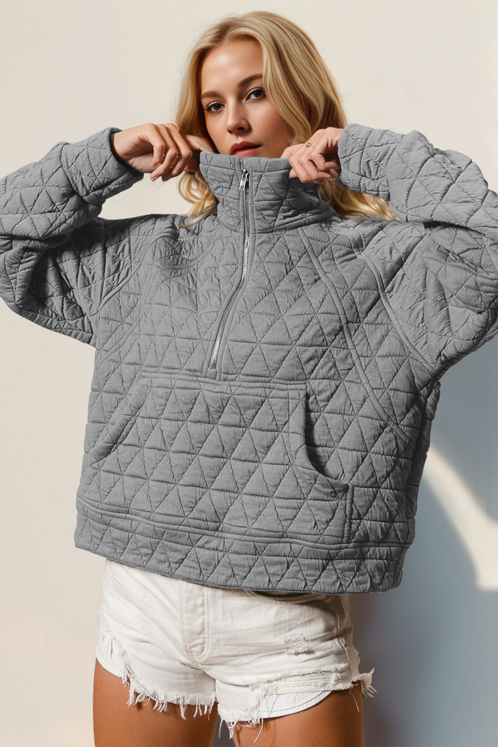 Double Take Women's Quilted Half Zip Sweatshirt with Pocket | Stylish Long Sleeve Pullover