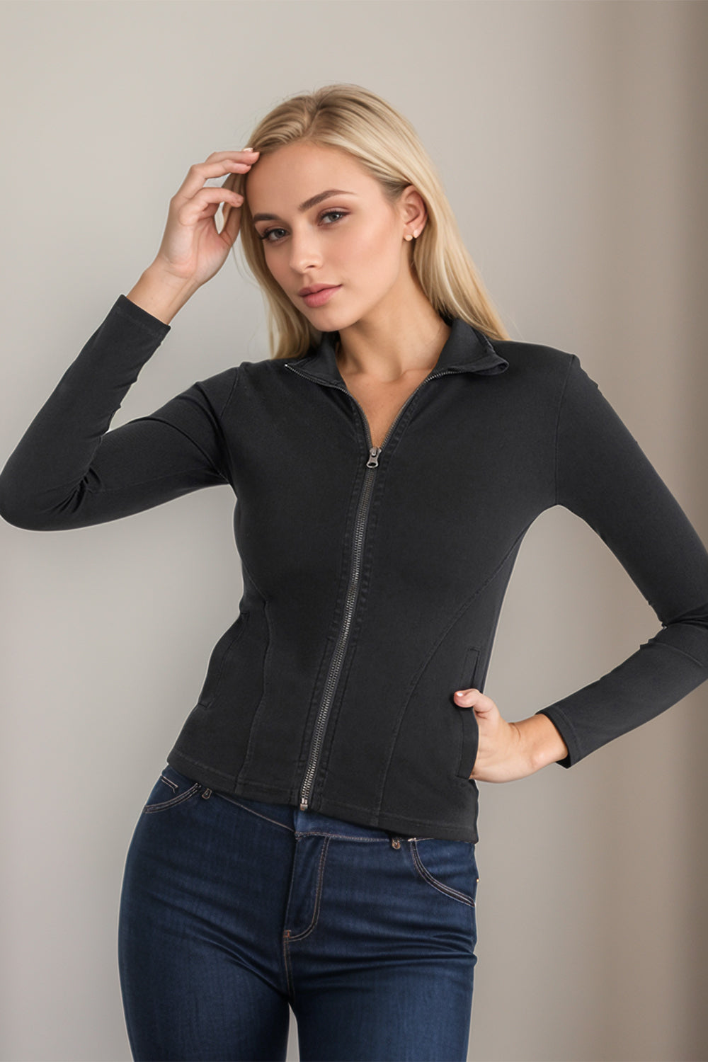 Cozy Basic Bae Women’s Stretchy Pocketed Turtleneck Denim Zip-Up Top