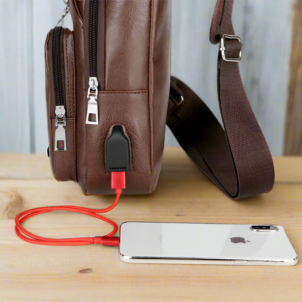 USB Portable Charging Chest Bag Messenger Bag with Adjustable Shoulder Strap & Soft Wear-resistant PU Leather & Front Pockets