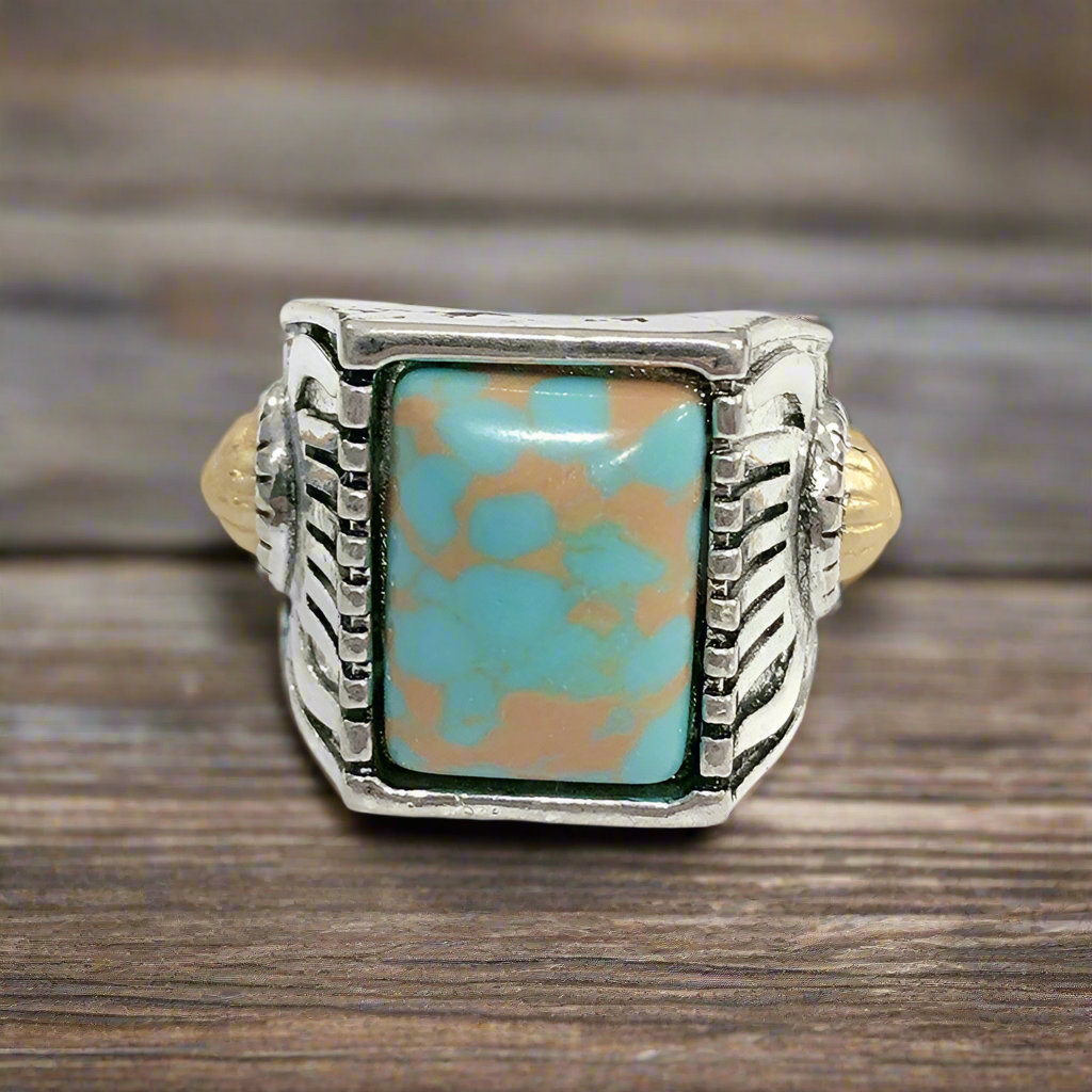 Green Turquoise Square Ring in Alloy Metal with Electroplated Finish - Stylish National-Inspired Design featuring Artificial Gems and Semi-Precious Stones