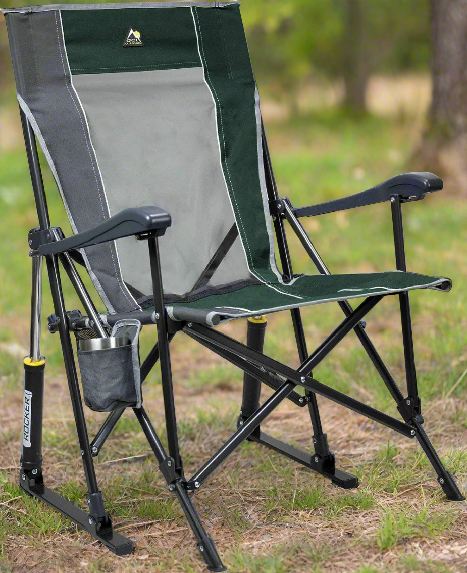 GCI Camping Rocking Chair with Beverage Holder and Armrests - Breathable Mesh and Sturdy Steel Frame