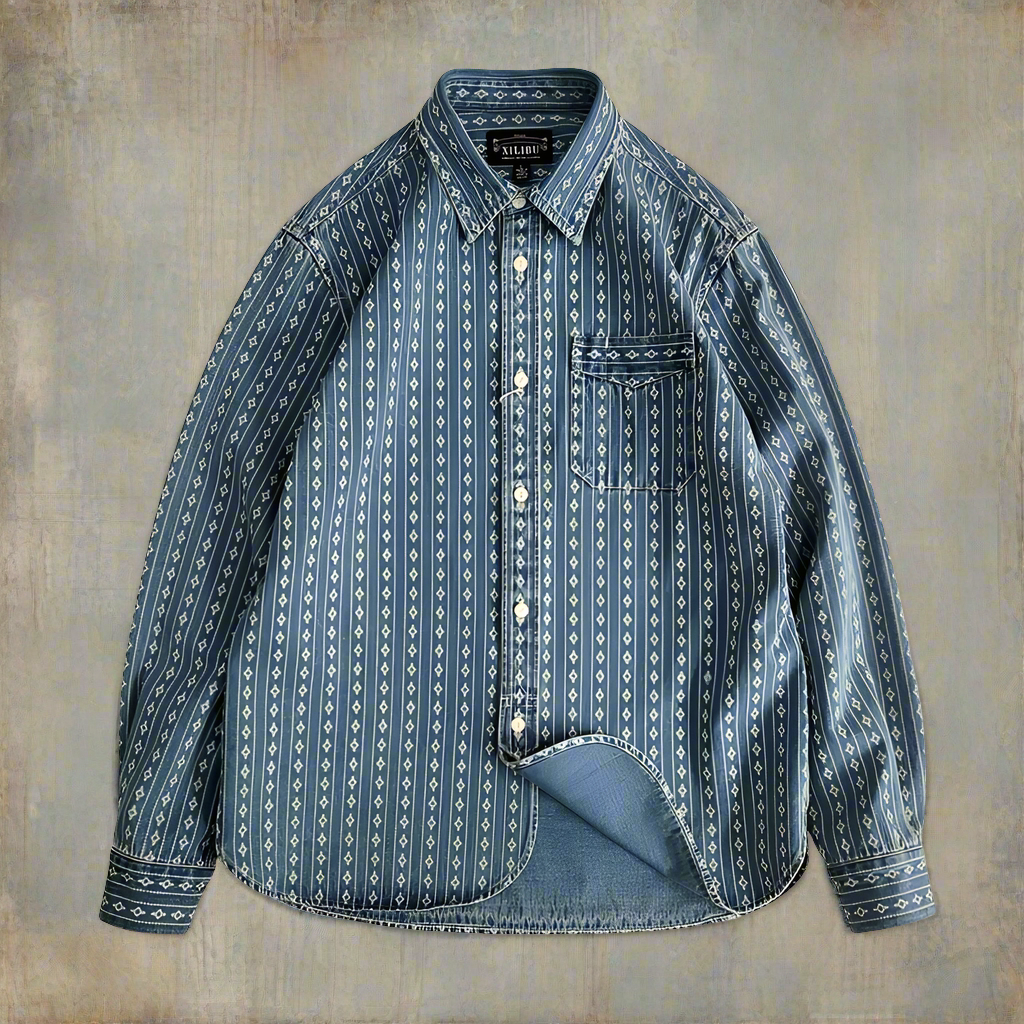 Men's High-Quality Cotton Jacquard Indigo Denim Shirt: Western Style Workwear