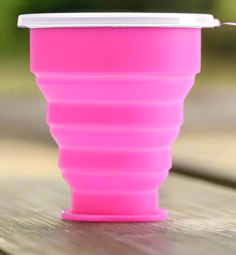 Folding Silicone Cup with Stainless Steel Rim and Plastic Lid - Portable and Durable