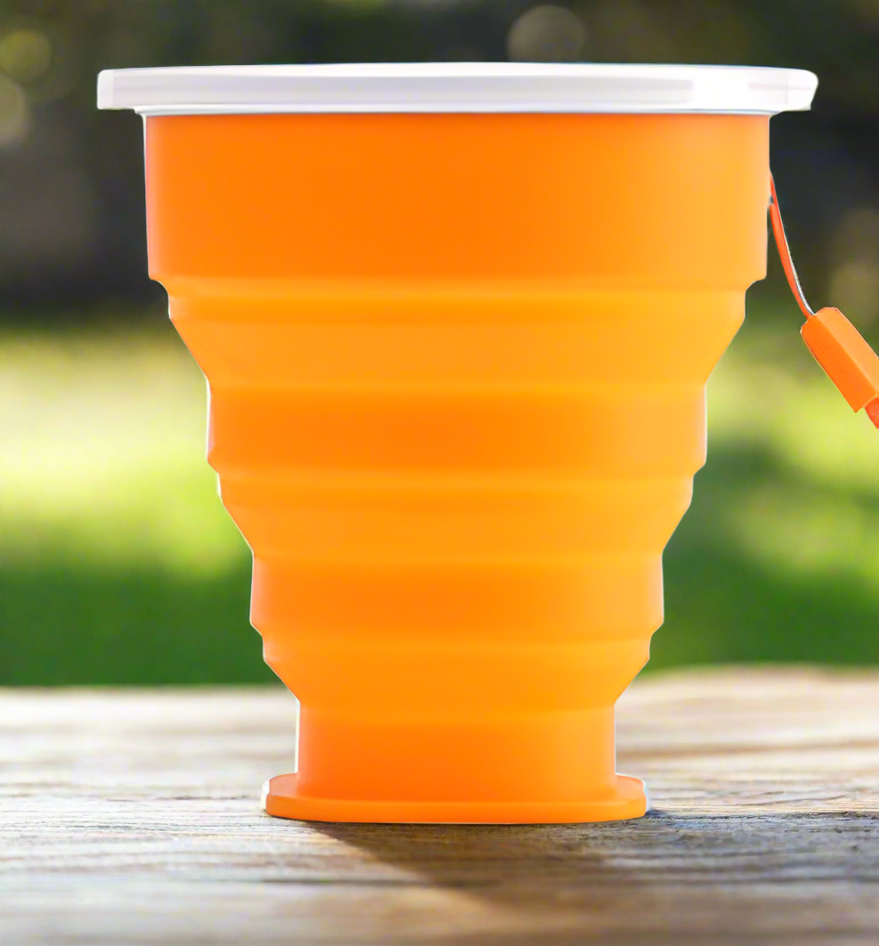 Folding Silicone Cup with Stainless Steel Rim and Plastic Lid - Portable and Durable